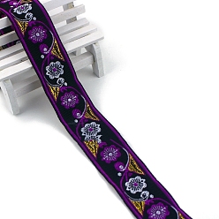 Purple Flat Ethnic Style Embroidery Polyester Ribbons, Jacquard Ribbon, Garment Accessories, Purple, 1-1/4 inch(33mm), about 7.66 Yards(7m)/pc