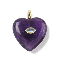 Аметист Подвески из натурального аметиста , подвески в форме сердца с латунной микрофиброй и фианитами, реальный 18 k позолоченный, долговечный, стойки покрытие, 31x25x10 мм, отверстие : 4 мм