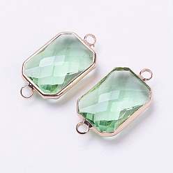 Светло-зеленый Соединители стеклянные ссылки, с латунной фурнитурой , граненые, восьмиугольник, золотой свет, светло-зеленый, 25.5x13.8x6.7 мм, отверстие : 2.4 мм