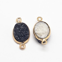 Черный Гальванические соединители с натуральными друзьями, с фурнитурой латунной золотого тона, овальные, окрашенные, чёрные, 23x12x4~8 мм, отверстие : 2 мм