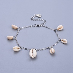 Seashell Color Brass Cable Chain Anklets, with Cowrie Shell and Tibetan Style Alloy Charms, Seashell Color, 10-1/4 inch(26cm)