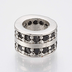Платина Латунные микро проложить кубического циркония бусы, без кадмия и без свинца, бусины с большим отверстием, колонка, чёрные, платина, 8.5x5.5 мм, отверстие : 5 мм