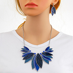 Стально-синий Ожерелье из сплава листьев с подвеской из искусственной кожи и серьга-гвоздик, платина, стальной синий, 425 мм