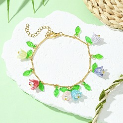 Разноцветный Латунные звенья цепи браслеты с подвесками, браслеты с подвесками в виде цветка из акрила для женщин, с АБС-пластиком и стеклянными бусинами, красочный, 7-3/8 дюйм (18.6 см)