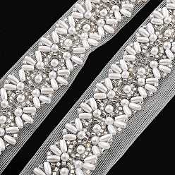 Blanc Floral Garnitures de dentelle de fleur de polyester, avec abs perles de perles d'imitation et de verre, floral blanc, 1 pouces (25 mm)