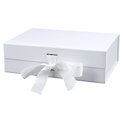White Paper Fold Boxes, Gift Wrapping Boxes, with Polyester Ribbon, for Jewelry Candy Wedding Party Favors, Rectangle, White, 17.6x24.3x7.9cm