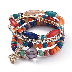 Colorful Alloy Rhinestone Cup Chain & Multi-layered Stretch Bracelets Sets, Stackable Bracelets, with Acrylic Beads, Golden Plated Alloy Findings, Eiffel Tower, Colorful, Inner Diameter: 2-1/8~2-3/8 inch(5.5~5.9cm), 4pcs/set