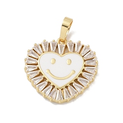 White Rack Plating Brass Micro Pave Clear Cubic Zirconia Pendants, with Enamel, Long-Lasting Plated, Lead Free & Cadmium Free, Real 18K Gold Plated, Heart with Smile, White, 20x19x2.5mm, Hole: 6.5x3.5mm