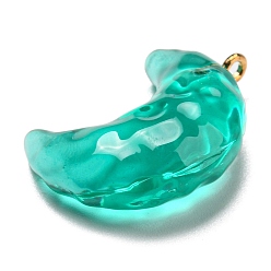 Light Sea Green Transparent Resin Moon Pendants, Crescent Moon Charms with Light Gold Plated Iron Loops, Light Sea Green, 28x20x9.5mm, Hole: 1.8mm