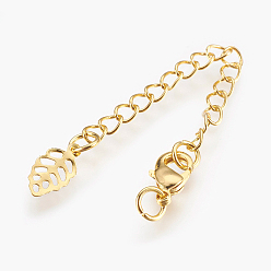 Real 18K Gold Plated Eco-Friendly Brass Chain Extender, with Lobster Claw Clasps, Cadmium Free & Nickel Free & Lead Free, Long-Lasting Plated, Leaf, Real 18K Gold Plated, 70~76x3mm, Hole: 2.5mm, Clasps: 10x6x3mm