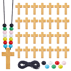 (52) Непрозрачная лаванда Наборы для самостоятельного изготовления круглых и крестообразных подвесок для ожерелий., включая шнуры из вощеной хлопчатобумажной нити, Круглые бусины из древесины шима, окрашенные аэрозольной краской., деревянный крест-подвеска, разноцветные, 42x24.5x4 мм, отверстие : 2 мм, 40 шт
