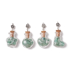 Зеленый Авантюрин Подвески в стеклянных бутылках с кусочками натурального зеленого авантюрина, с бисером из тибетского сплава, античное серебро, разнообразные, 42.5~46x19.5~22x11.5~13 мм, отверстие : 1.6 мм