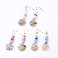 Mixed Color Dangle Earrings, with Polymer Clay Heishi Beads, Cellulose Acetate(Resin) Pendants, Sea Shell Beads and Golden Plated Brass Earring Hooks, Shell Shape, Mixed Color, 58mm, Pin: 0.7mm