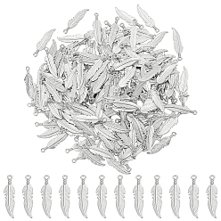 Antique Silver 200Pcs Tibetan Style Alloy Pendants, Feather Charms, Antique Silver, 27x7x2mm