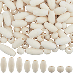 (52) Непрозрачная лаванда 300шт 3 стиль натуральные необработанные деревянные бусины, бусины макраме, круглые и овальные деревянные бусины с большим отверстием для рукоделия, разноцветные, 10~25x7.5~10 мм, отверстие : 3.5~4 мм