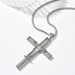 Stainless Steel Color Religion 201 Stainless Steel Jesus Cross Pendant 304 Stainless Steel Box Chain Necklaces, Stainless Steel Color, 23.82 inch(60.5cm)