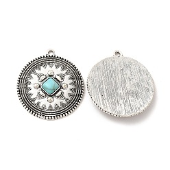 Antique Silver Retro Alloy Pendants, with Synthetic Turquoise, Flat Round Charms, Antique Silver, 41.5x37.5x5mm, Hole: 2.5mm