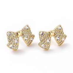 Real 18K Gold Plated Clear Cubic Zirconia Bowknot Stud Earrings, Brass Jewelry for Women, Real 18K Gold Plated, 11.5x17.5mm, Pin: 0.7mm