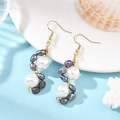 Gris Boucles d'oreilles pendantes en nacre et acier inoxydable, fleur, Boucles d'oreilles pendantes en laiton avec perles de culture d'eau douce naturelles, grises , 304mm