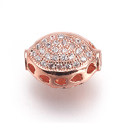 Rose Gold Brass Micro Pave Cubic Zirconia Beads, Oval, Clear, Rose Gold, 12x9x8.5mm, Hole: 1.6mm