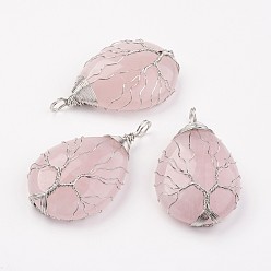 Розовый Кварц Естественно розового кварца большие кулоны, слеза, Подвески из латунной проволоки, платина, 50~55x31x11 мм, отверстие : 5 мм