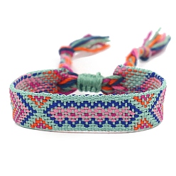 Средний Аквамарин Женские браслеты на плоской подошве из полиэстера в этническом стиле с ромбическим шнуром, регулируемый браслет с кисточкой, средний аквамарин, 5-7/8 дюйм (15 см)