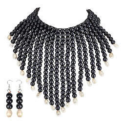 Черный Комплекты этнических ожерелий и серег из деревянных бусин, чёрные, 445 мм