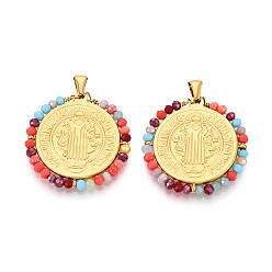 Разноцветный 304 подвески из нержавеющей стали, плоские круглые с святым Бенедиктом, со стеклянными бусинами, ионное покрытие (ip), реальный 18 k позолоченный, граненые, красочный, 31x31x3 мм, отверстие : 5x3.5 мм