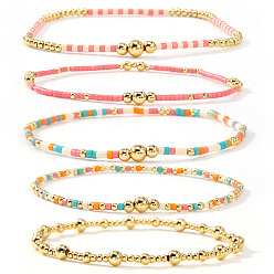 Настоящее золото 14K 5 Браслеты в богемном стиле из латуни и стеклянного бисера, эластичные, для женщин, круглые, реальный 14 k позолоченный, 6.50 дюйм (16.5 см) ~ 6.89 дюйм (17.5 см)