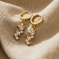 Золотой 304 Серьги-кольца из нержавеющей стали с прозрачными кубическими циркониями, лошадиный глаз , золотые, 34.6 мм