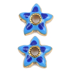 Blue 304 Stainless Steel Enamel Bead Cap, Flower, Ion Plating(IP), Golden, Blue, 8x8x2mm, Hole: 1.6mm