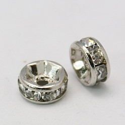 Platinum Brass Rhinestone Spacer Beads, Grade A, Rondelle, Platinum Color, Size: about 6mm in diameter, 3mm thick, hole: 1.5mm