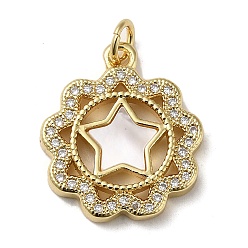 Real 18K Gold Plated Brass Micro Pave Cubic Zirconia Pendants, Cadmium Free & Lead Free, with Shell, Star, Real 18K Gold Plated, 18.5x17x3mm, Hole: 3.4mm