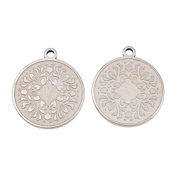 Stainless Steel Color 304 Stainless Steel Pendants, Flat Round with Flower Pattern Charms, Stainless Steel Color, 25x21.5x2mm, Hole: 2mm
