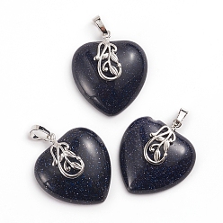 Blue Goldstone Synthetic Blue Goldstone Pendants, with Platinum Tone Brass Ice Pick Pinch Bails, Heart, 35~36x30~31x9mm, Hole: 7~8x5mm