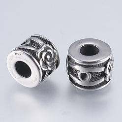 Antique Silver 304 Stainless Steel European Beads, Large Hole Beads, Column with Flower, Antique Silver, 12x9.5mm, Hole: 5mm