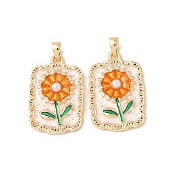 Настоящее золото 18K Латунь эмаль подвески, с abs имитационными жемчужными бусинами , прямоугольник с цветочными подвесками, без кадмия и без свинца, стойки покрытие, долговечный, с целью перехода в кольце, реальный 18 k позолоченный, 24x16x3.5 мм, отверстие : 4.5x2.5 мм