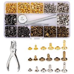 Mixed Color Double Cap Iron Rivets & Install Tool Sets, with Fixing Tool, Pliers, Mixed Color, Rivet: 9~16.5x6~8mm, Hole: 2~3mm, 4 colors, 3 sizes, 30sets/color, tatal 360sets