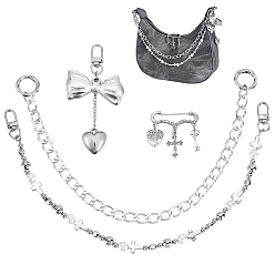 Platinum 4Pcs 4 Styles Bowknot Cross Charm Aluminum Chains & Acrylic Links Bag Extender Chains and Alloy Brooches, with Alloy Clasps, Bag Replacement Accessories, Platinum, 43~435mm, 1pc/style