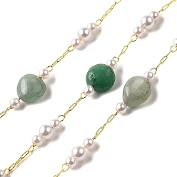 Зеленый Авантюрин Цепочки из бусин ручной работы с натуральными зелеными самородками авантюрина, пайки, с бусинами из АБС-пластика и фурнитурой из латуни с покрытием из стойки, долговечный, без свинца и без кадмия, с катушкой, реальный 18 k позолоченный, 7~11x6~10x4~6 мм