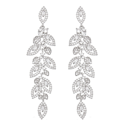 Платина 1 пара латунных сережек-гвоздиков, Женские серьги-кластеры с прозрачными листьями кубического циркония, платина, 77x20 мм