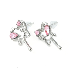 Pink Alloy Stud Earring, with Acrylic Rhinestone, Melting Heart Ear Stud for Women, Pink, 18x11.5mm, Pin: 0.7mm