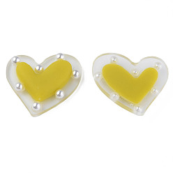 Yellow Acrylic Cabochons, with ABS Plastic Imitation Pearl Beads, Heart, Yellow, 21x24x5.5mm