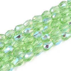 Светло-зеленый Прозрачные стеклянные бусины гальваническим пряди, слеза, с половинным покрытием ab цвета, граненые, светло-зеленый, 7.5~8x5.5~6 мм, отверстие : 1~1.2 мм, около 65~66 шт / нитка, 19.69~20.28 дюйм (50~51.5 см)