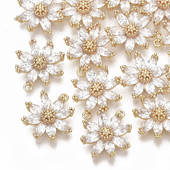 Настоящее золото 18K Латунные микро проложить кубического циркония подвески, без никеля , цветок, прозрачные, реальный 18 k позолоченный, 15x14x4 мм, отверстие : 1 мм