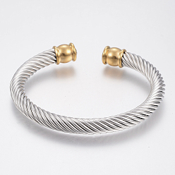 Golden & Stainless Steel Color 304 Stainless Steel Cuff Bangles Torque Bangles, with Rhinestone, Golden & Stainless Steel Color, 51x59mm(2 inchx2-3/8 inch)