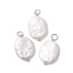 Нержавеющая Сталь Цвет Подвески из натурального барочного жемчуга кеши, плоские овальные подвески с петлями из нержавеющей стали, белые, цвет нержавеющей стали, 304 мм, Перейти кольцо: 21x13.5~14x3.5~4 мм, внутренний диаметр: 5x0.8 мм