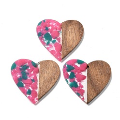 Ярко-Розовый Подвески из смолы и ореха, сердце, ярко-розовый, 37x38.5x2.5 мм, отверстие : 2 мм