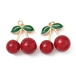 Темно-Красный Подвески из сплава зеленой эмали и смолы вишневые, фруктовые прелести, золотые, стойки покрытие, долговечный, темно-красный, 29x25x14 мм, отверстие : 3.5 мм