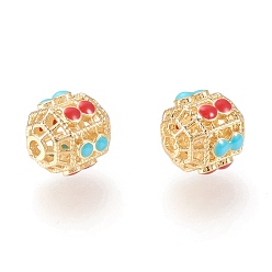 Настоящее золото 18K Латунные бусины, с эмалью, полый, рондель, красный и бирюзовый, реальный 18 k позолоченный, 10.3x9.8x8.7 мм, отверстие : 1.5 мм